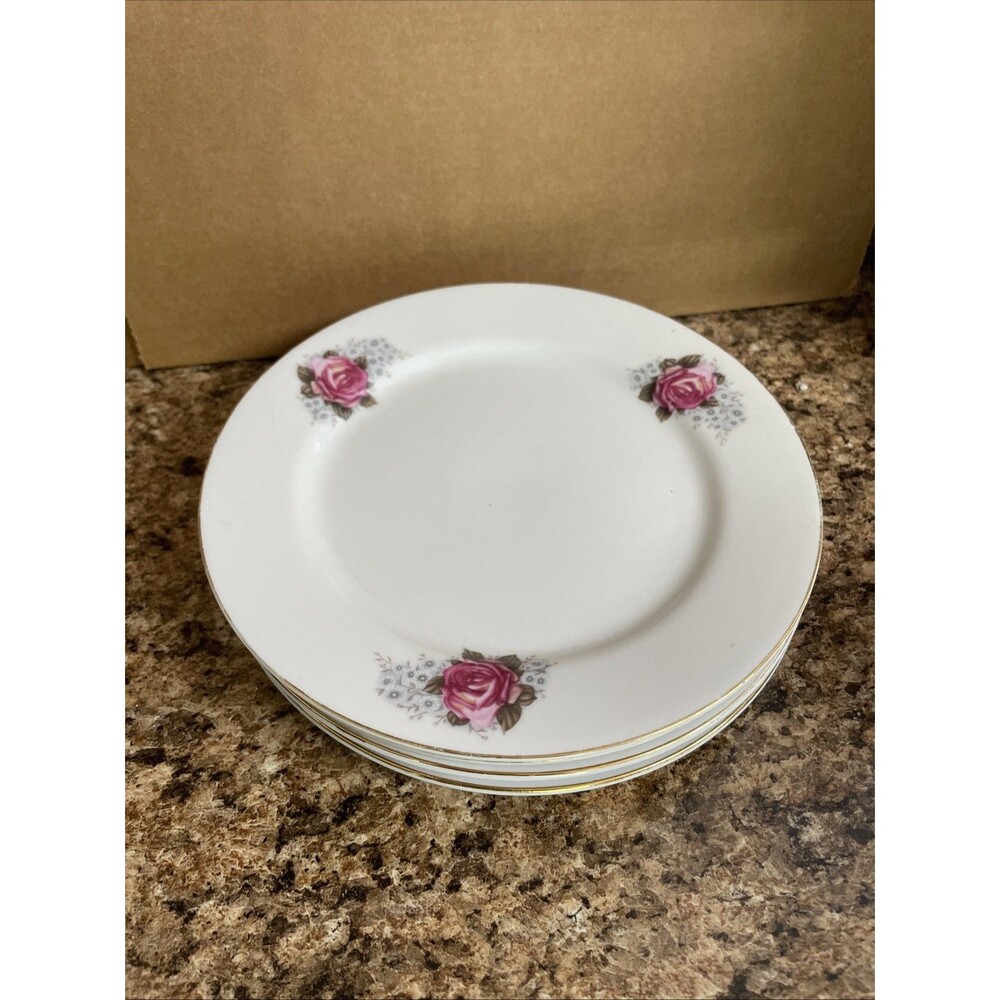 Vintage C ART HK Pink Rose Dinner Plates Set of 4 Gold Trim 10”